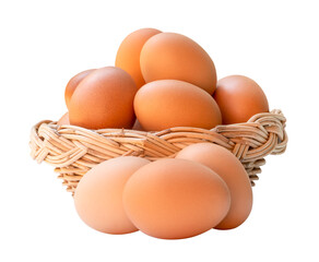 Front view of brown chicken eggs in stack in wicker basket isolated with clipping path in png file format