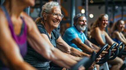 Senior Fitness Class Enjoying Cycling Workout at Gym. World Day for Grandparents and the Elderly