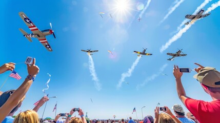 Patriotic Air Show with Spectators Waving American Flags. National Aviation Day in the USA