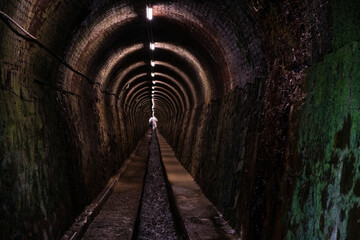 Obraz premium A train track disappearing into a dark tunnel, showing the path of the railway disappearing into the shadows.