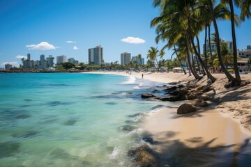 Quiet beach in Miami Beach, with skyline in the background., generative IA