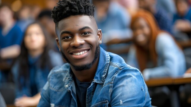 A handsome African American male student smiling at the camera while sitting in an empty lecture hall with other students blurred behind him, wearing blue jeans and a denim shirt. The photo captures c