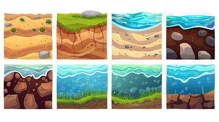 Game UI platform cartoon background design. Texture of soil,  green grass, sand, water in ocean 