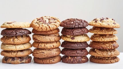 Assorted Chocolate Chip Cookies Stacked in Rows