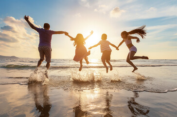 Family Leaping with Joy on Sunset Beach
