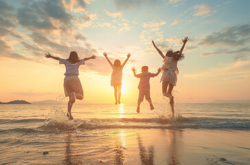 Fototapeta premium Family Jumping with Joy on Beach at Sunset 