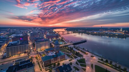 Fototapeta premium Breathtaking Cityscape at Sunset with Vibrant Sky and River View