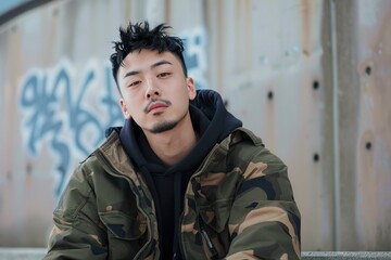 Fototapeta premium Confident male model with trendy hairstyle in a camo jacket against urban graffiti background
