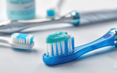 A close-up of a blue toothbrush with a white and blue striped handle. 