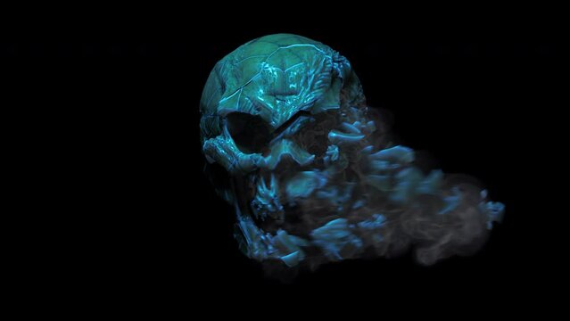 The scary human skull surrounded by smoke then disappeared. skull turn to smoke, skull horror. Human skull on an alpha channel background in seamless loop 4k. skeleton at Halloween celebration