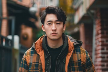 Fototapeta premium Portrait of a confident young asian man dressed in stylish autumn attire on a city street