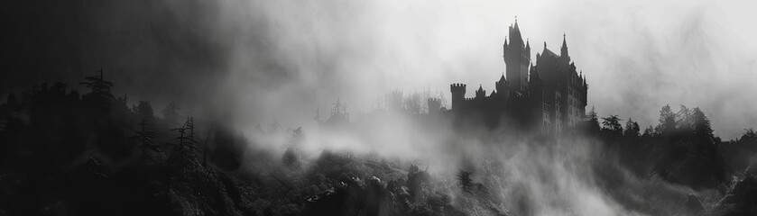 A mysterious and dark gothic castle shrouded in fog and mist, evoking an eerie and haunting atmosphere in a grayscale landscape.