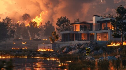 Obraz premium Modern House Evacuation during Wildfire Emergency