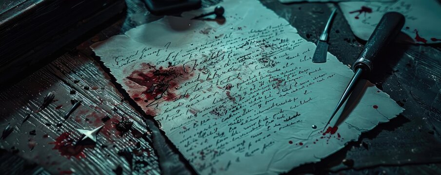 A blood-stained handwritten letter on a dimly lit desk with a sharp dagger beside it, creating an eerie and mysterious atmosphere.