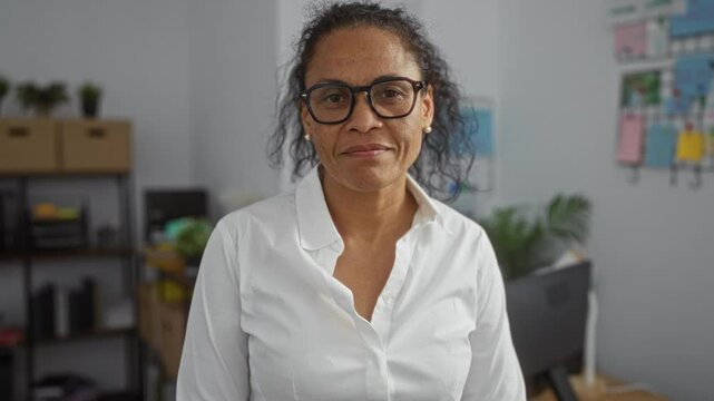 Woman wearing glasses in a white shirt standing in an office workspace with plants and shelves in the background