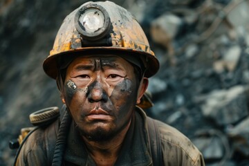 Obraz premium Closeup of a weary coal miner's face with helmet and light, after a long shift