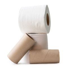 Front view of white tissue paper rolls with cores in stack isolated on white background with clipping path