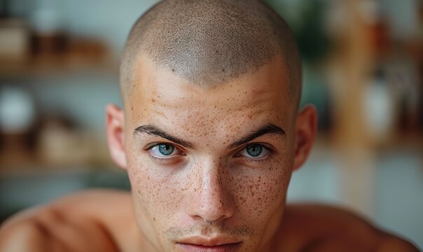 A young man with a bald head, symbolizing strength and resilience.