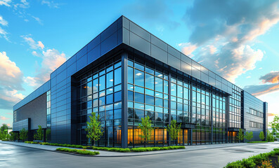 A modern office building with a glass front and a blue sky in the background.