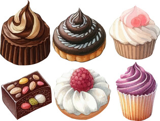 set with a variety of cakes, cupcakes, sweets in a watercolor style