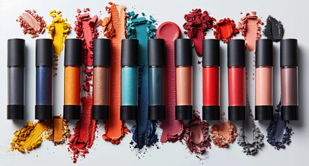 A variety of makeup products including eyeshadows, lipstick, and eyeliner.