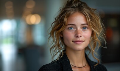 Fototapeta premium In the background of a modern building, a young professional's portrait signifies contemporary urban success.