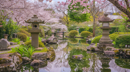 A garden with cherry blossoms, stone lanterns and a tranquil pond. 