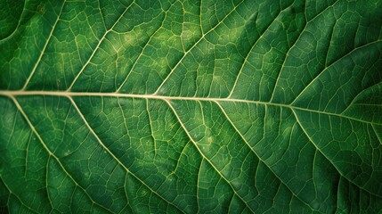 Obraz premium Detailed texture of a green leaf, showcasing the natural patterns and vibrant veins, creating a captivating organic background