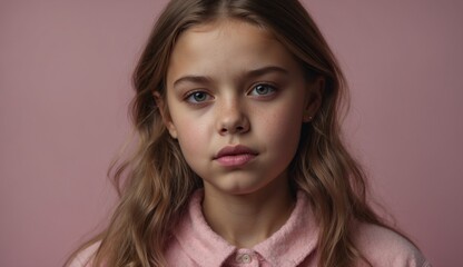 Fototapeta premium Young girl in pink sweater against pink backdrop, coy stare.