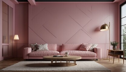 Stylish pink living room with modern furniture and decor