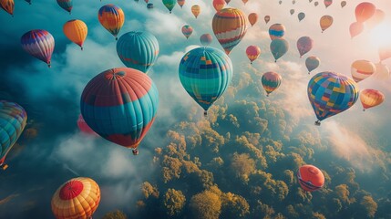 Fototapeta premium Hot air balloon rising, group up perspective, colorful, movement.