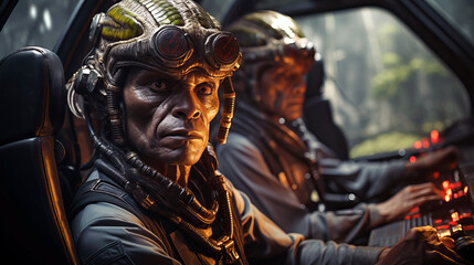Aliens piloting an alien UFO spaceship, view inside the cabin.