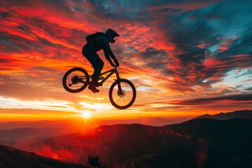 extreme sports athlete mid-air on a mountain bike, depicting the adventure and challenge of the sport