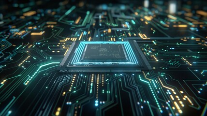 Obraz premium AI processor integrated into a motherboard, convergence of electronic components, microchips, and cutting-edge circuit technology in cyberspace.