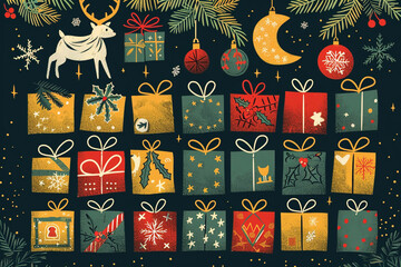 A charming Christmas Advent calendar featuring hand-drawn elements, designed as a festive poster, capturing the joy and anticipation of the holiday season. Vector illustration.