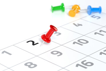 Calendar with Red Pushpin. Date Concept Using White Background and Simple Composition. 3d Rendering