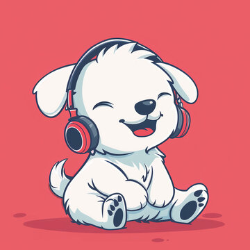 recommend clip art: Cute puppy, little dog listening to music, wearing headphones, sitting on the floor, eyes closed
