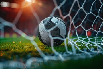 Soccer ball in goal net with Football stadium and green field in background. Concept end of football game