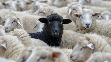 Obraz premium A Single Black Sheep Stands Out Amongst a Flock of White Sheep, Being Different, One of a Kind