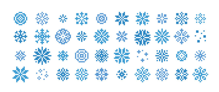 ドット絵　シンプルでかわいい雪の結晶のイラスト装飾セット　氷　粉雪　冷凍　冬　保冷剤　ピクセル