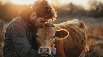 A young man in jeans and an open jacket is hugging the head of his cow on their farm