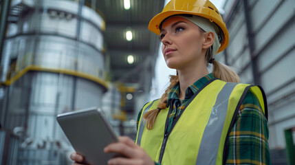 Female engineer in a green safety vest and yellow helmet using a tablet at an industrial site, with a white silo in the background