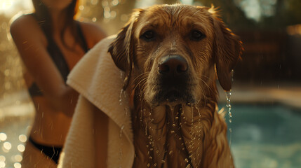 Wet golden retriever being dried off with a towel after swimming in the pool on a hot summer day