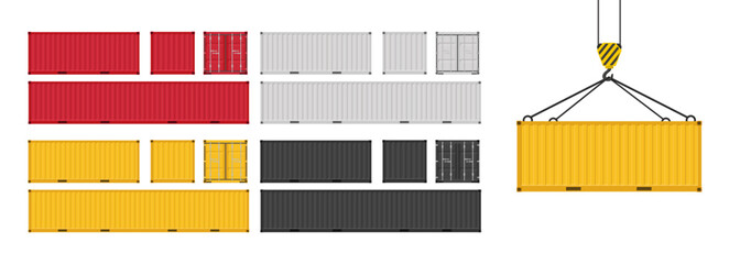 Set of cargo containers in different colors. Shipping containers. Vector illustration. Isolated on white background.	