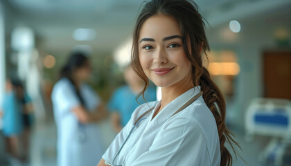 Young female nurse standing with her arms crossed and smiling while medical team discussing patient treatment in background at hospital,