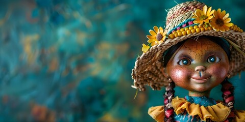 Fototapeta premium Handmade Brazilian Festa Junina doll adorned with corn garland. Concept Brazilian Folk Art, Handcrafted Doll, Festa Junina Celebration