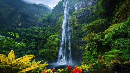 Obraz premium A majestic waterfall cascading down a lush, green mountainside, surrounded by vibrant flora and fauna