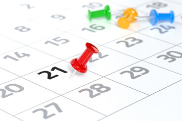 Fototapeta premium Calendar with Red Pushpin. Date Concept Using White Background and Simple Composition. 3d Rendering