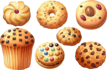 set with a variety of cookies, gingerbread in a watercolor style. Various sweets