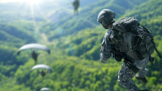 Paratroopers jumping out of an aircraft, airborne forces, military parachuting